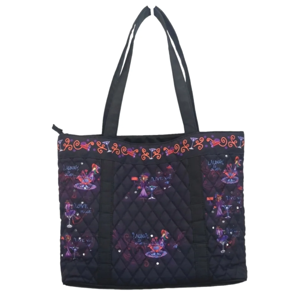 The Bradford Exchange Totes with Tude Quilted Black Purple Wine Glasses Tote Bag
